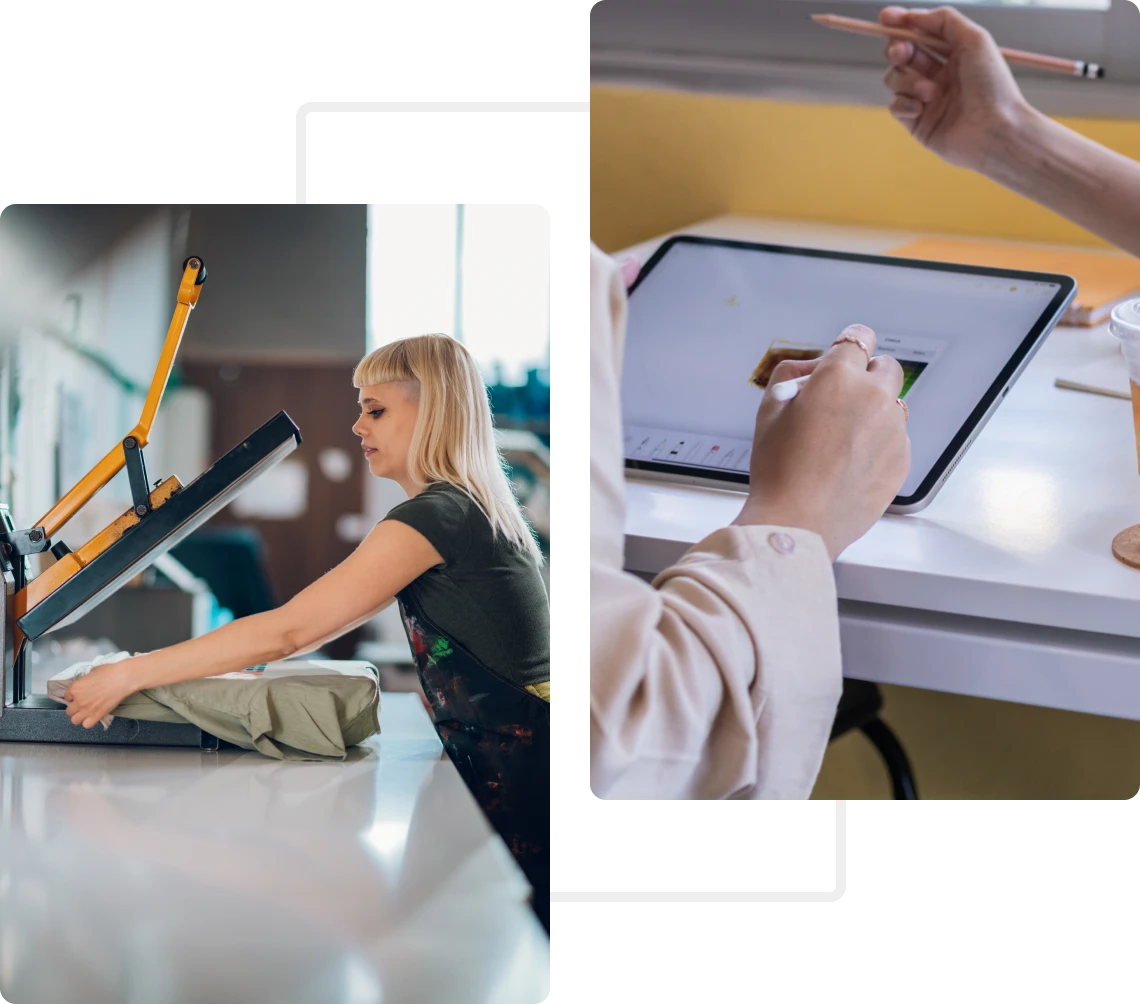 Creative workspace with tablet and heat press